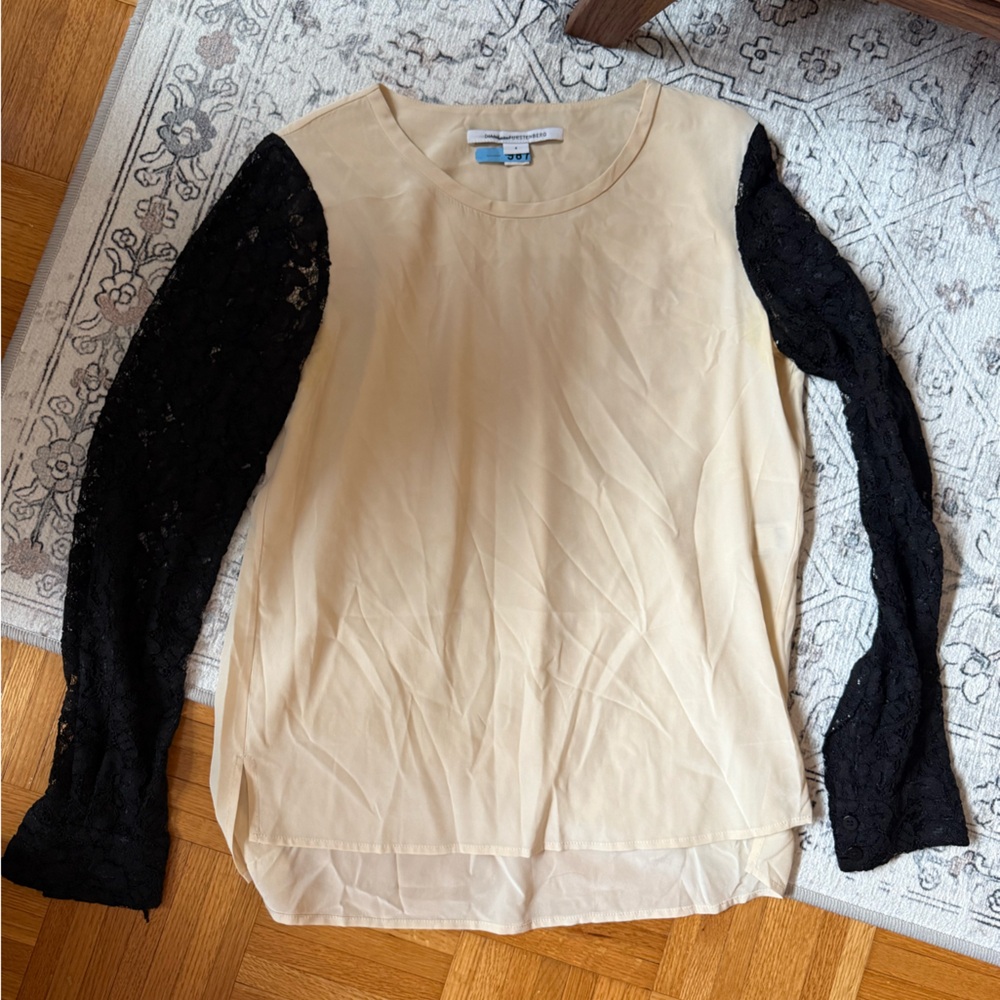 Diane Von Furstenberg Cream Blouse with Black Lace Sleeves